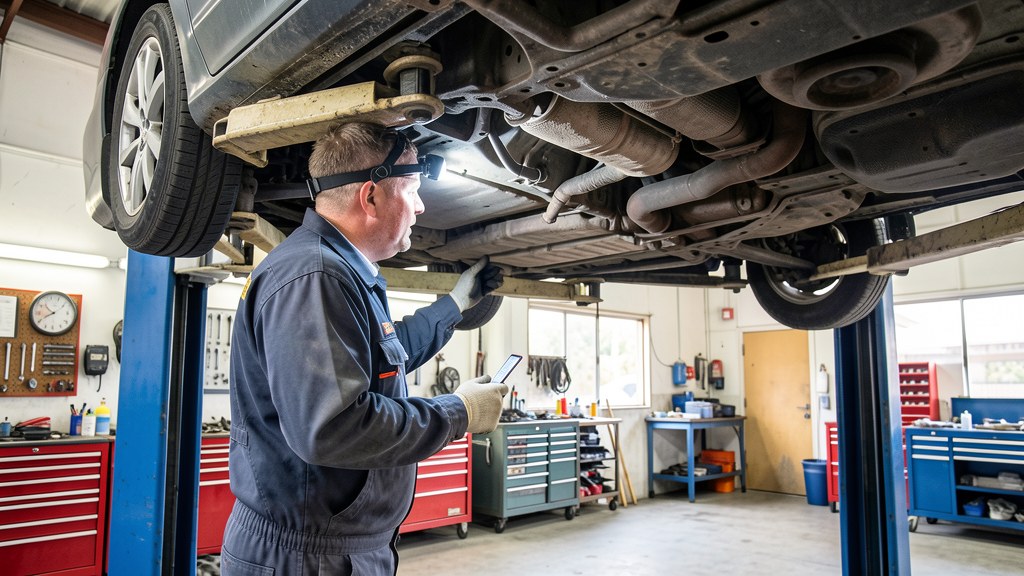 Licensed mechanic inspecting a car raised on a hoist in a workshop