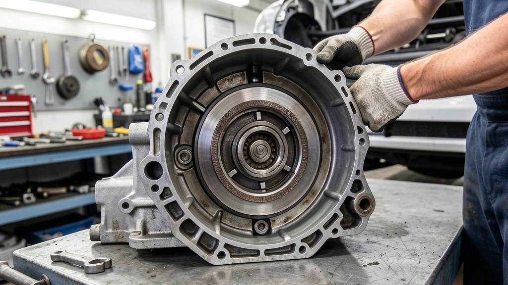 Transmission pan removed showing internal filter and magnet