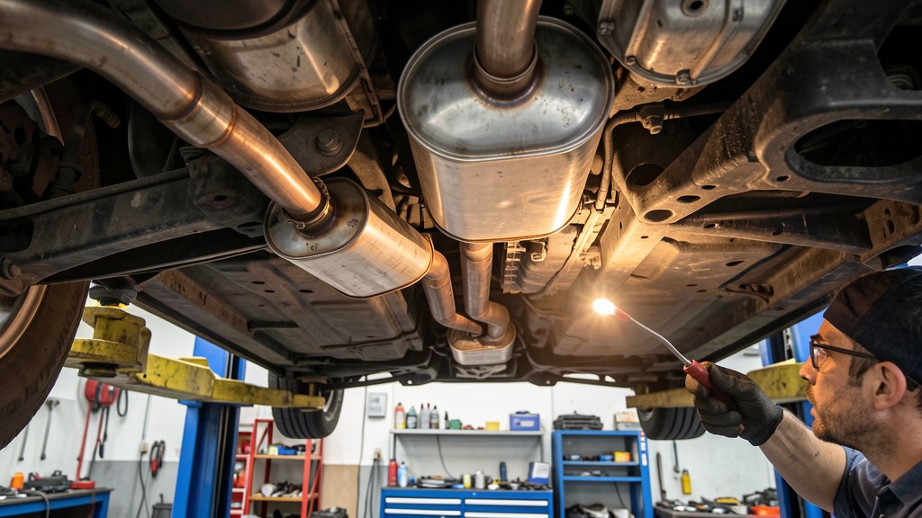 Catalytic converter visible in the exhaust system under a car on a hoist
