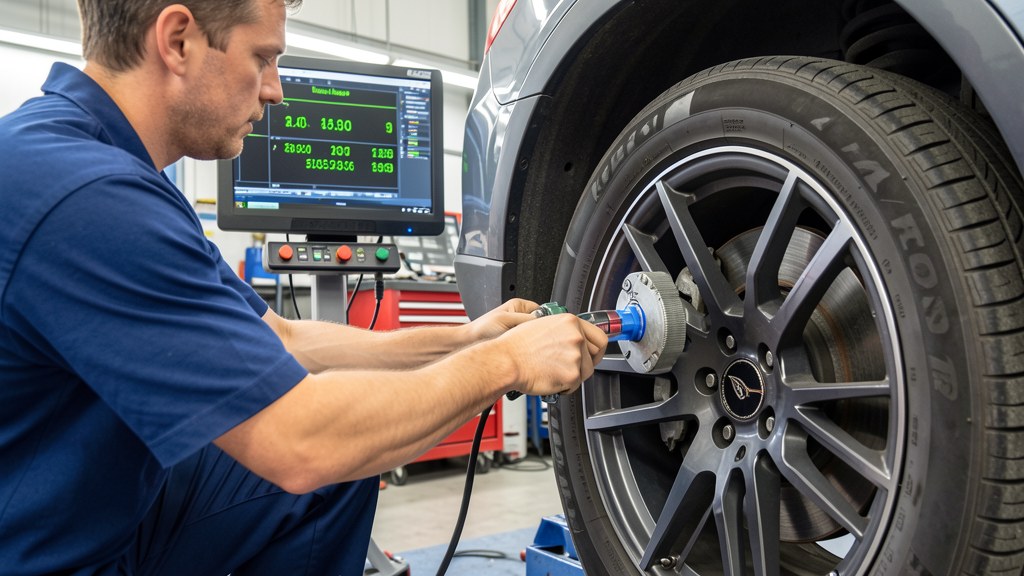 Wheel alignment machine in operation at a workshop