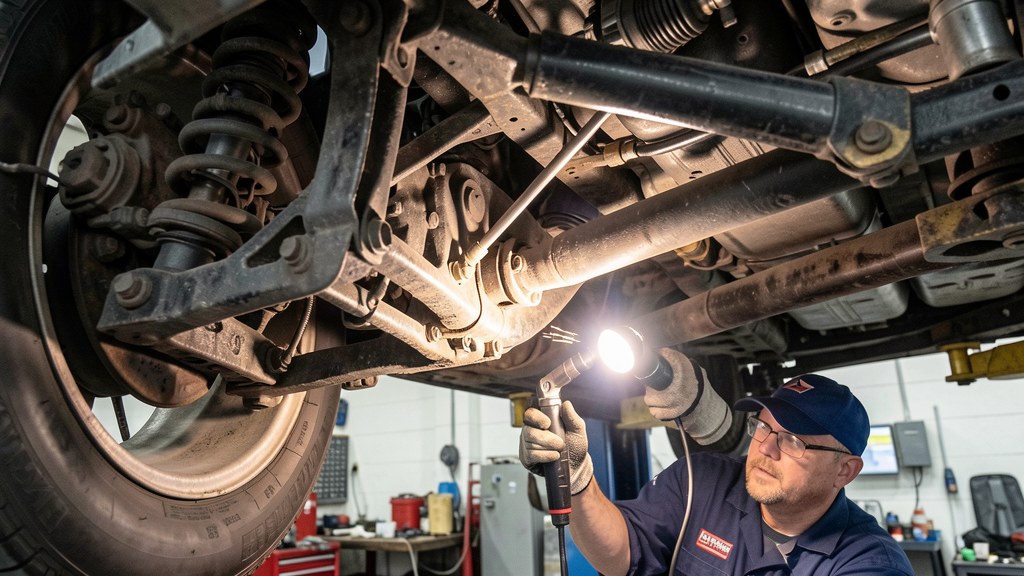 Close-up of mechanic inspecting vehicle undercarriage and suspension components