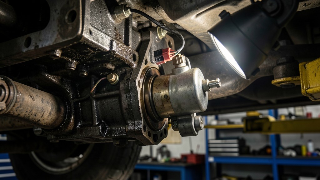 Close-up of a starter motor mounted on a car engine in a workshop