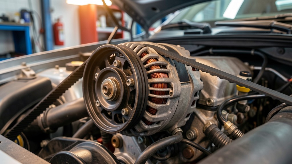 Car alternator close-up with drive belt in an engine bay
