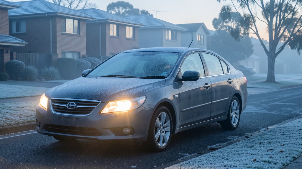 Car parked on a frosty Australian suburban street at dawn with headlights on